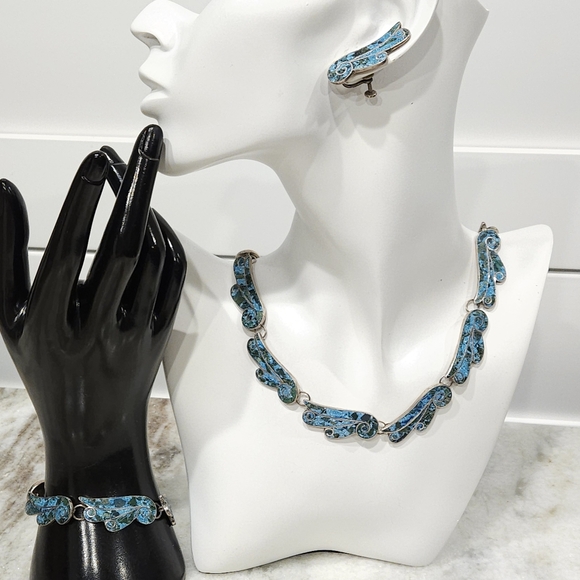 1940s Taxco Mexico Sterling Silver 950 Blue Stone Inlay 3 Piece Demi Parure Set - Picture 3 of 16